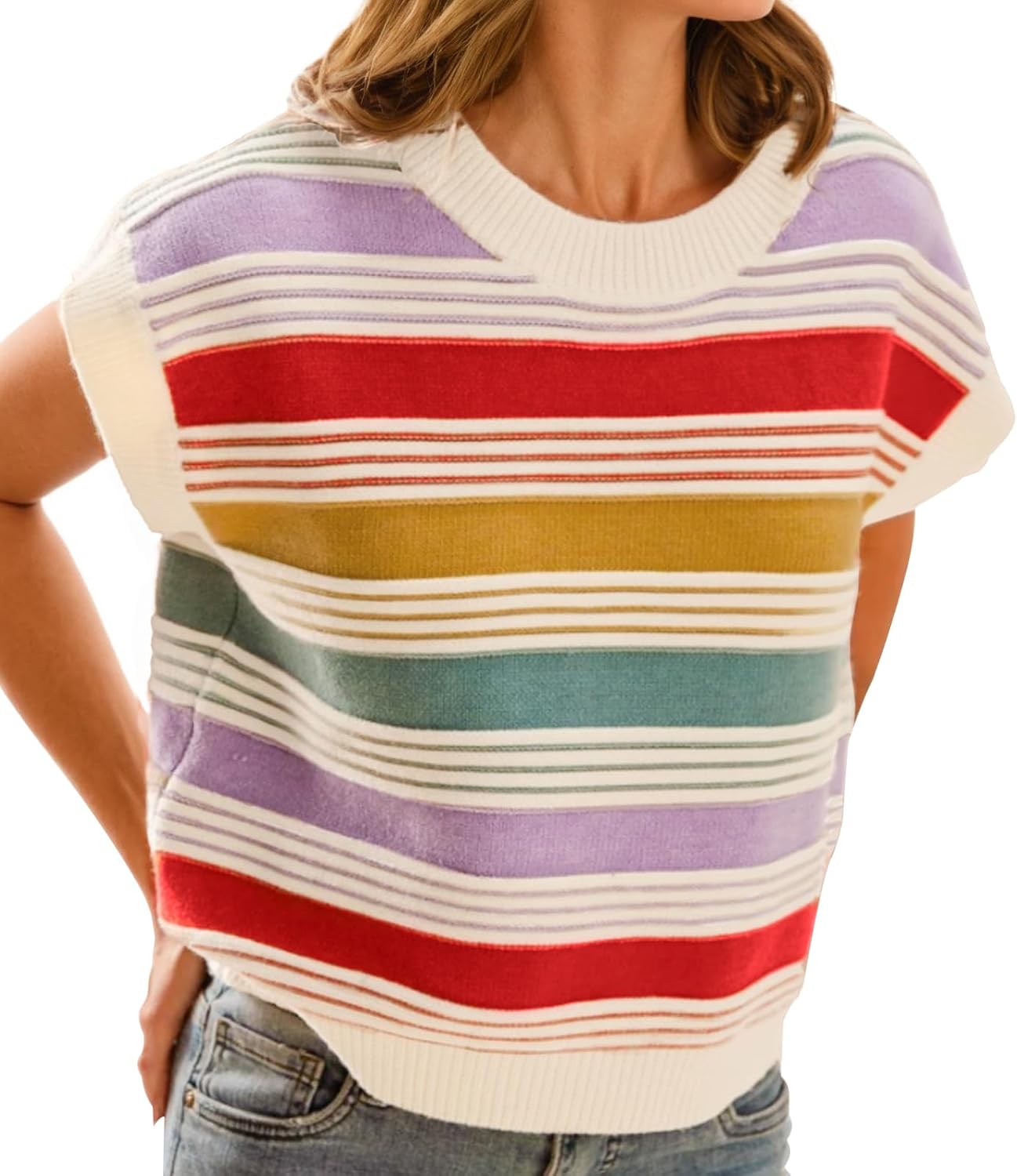 Cap Sleeve Striped Knit Tank Top