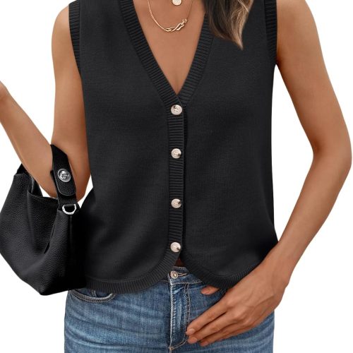 V Neck Button Down Cropped Sweater Vest