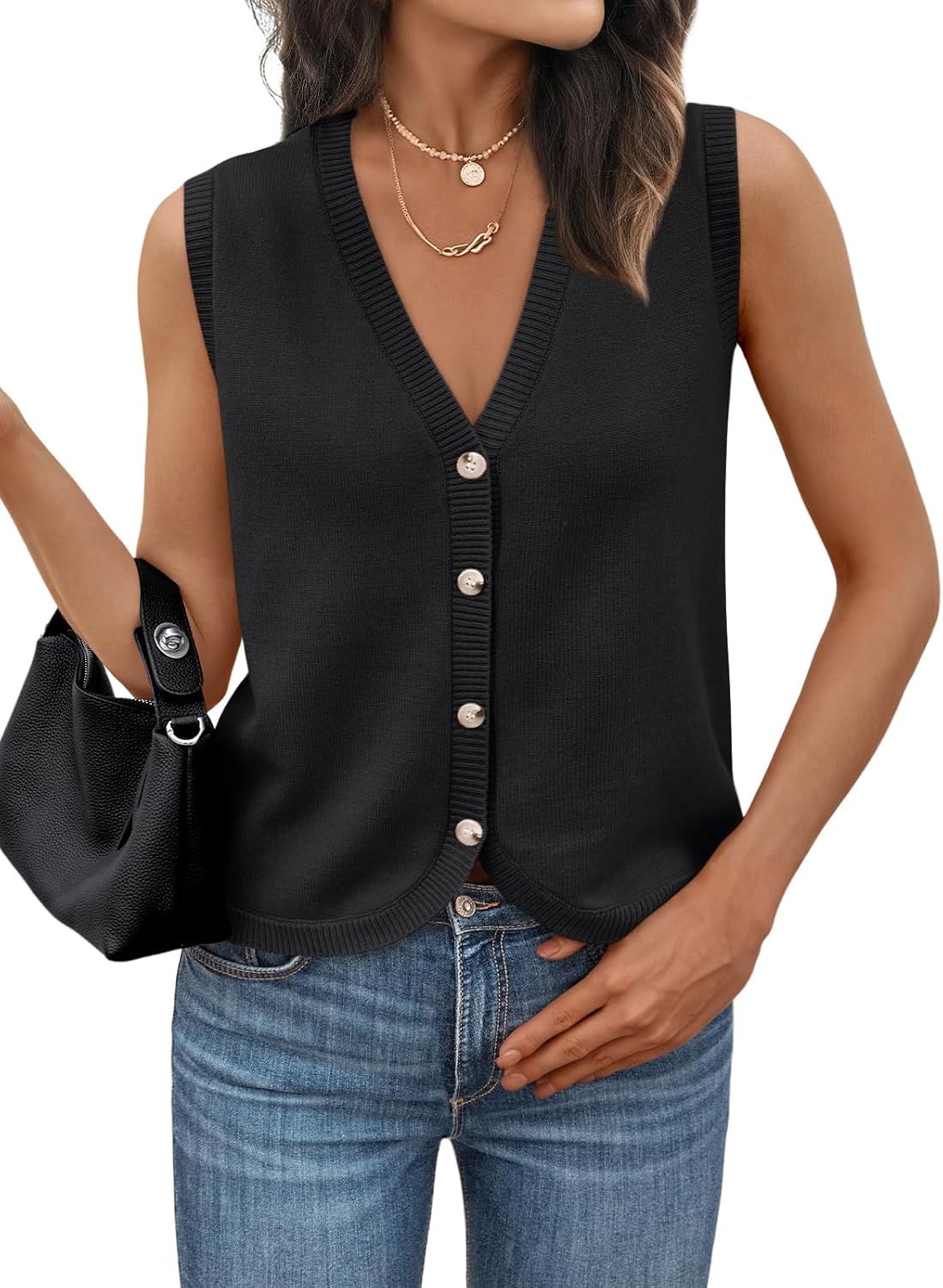 V Neck Button Down Cropped Sweater Vest