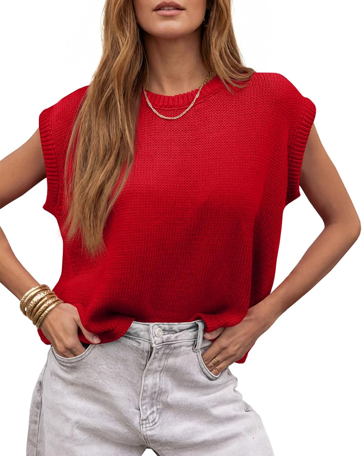 Cap Sleeve Crew Neck Knit Tank Top