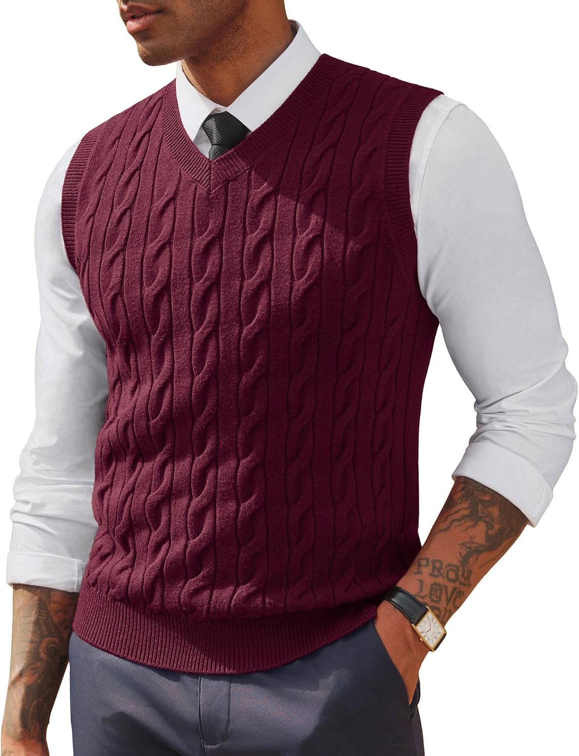 Men's Cable Twist V Neck Sweater Vest