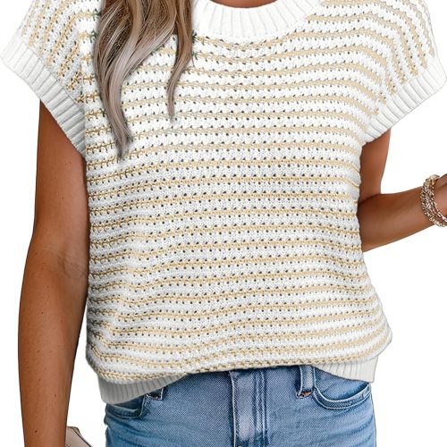 Striped Crewneck Cap Sleeve Knit Vest