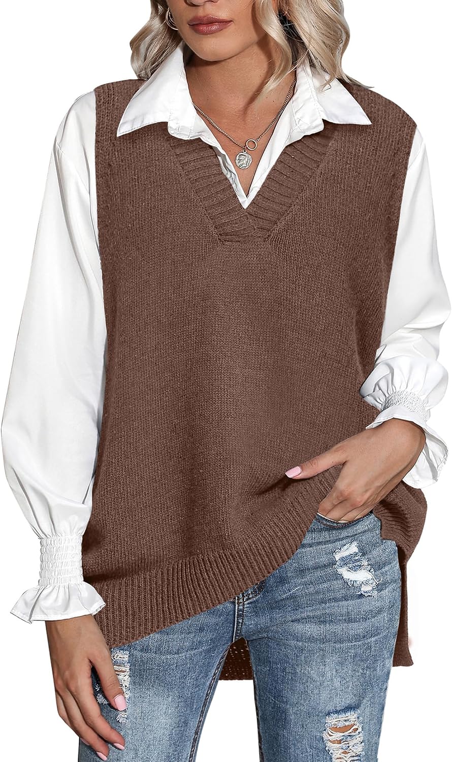 V Neck High Low Hem Sweater Vest