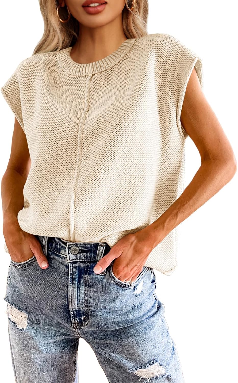 Cap Sleeve Crew Neck Knit Tank Top